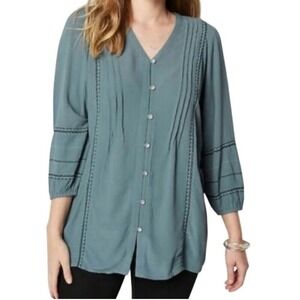 J Jill Women's Large Petite Embroidered Pin-Tucked Tunic Top Blue Spruce